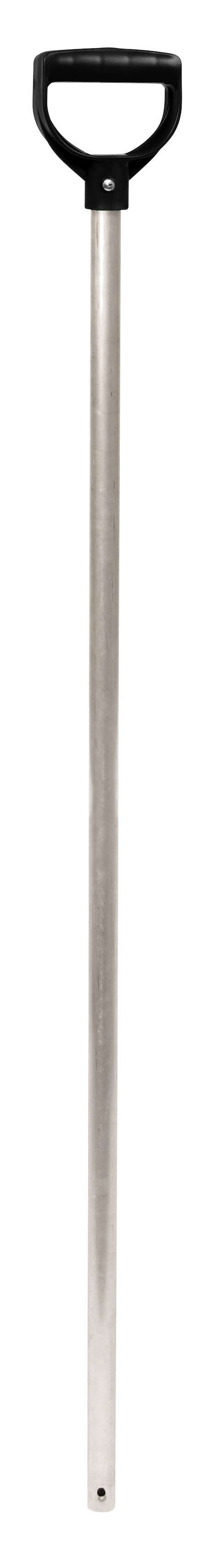 8988261---323477 Lange Metallstange mit einem schwarzen Griff oben, geeignet für den Einsatz im Garten oder Bau.